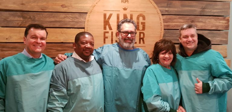 Priontex with the CEO of Dora Nginza Hospital, Mr Patrick Tsibolane, and representatives from the charity and Kingfisher FM